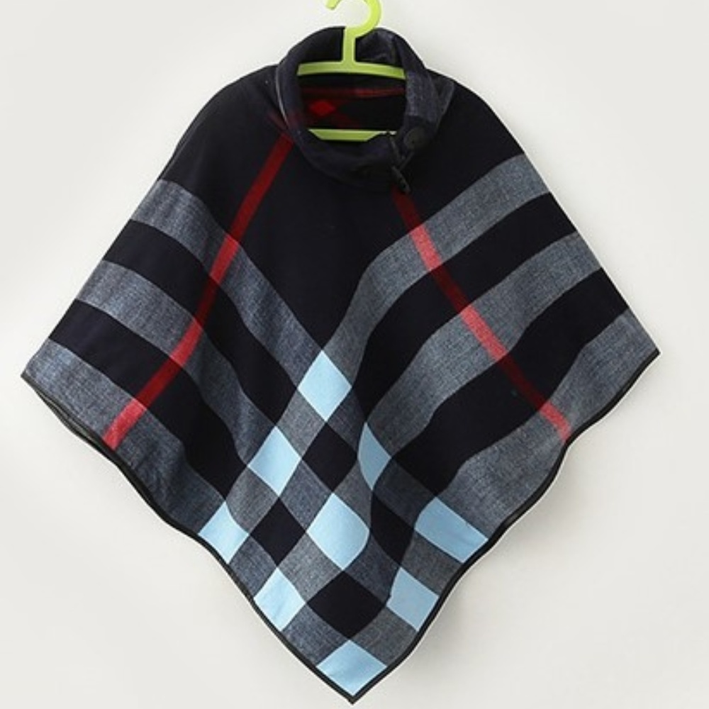 WOMEN'S PLAID PONCHO GIFT FOR HER- NAVY BLUE - ONE SIZE